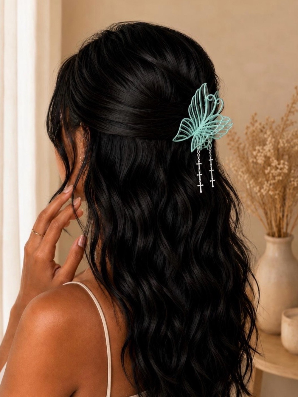 Butterfly Hair Clip with Cross Dangles - Mint
